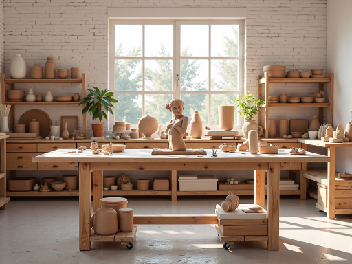 创意手工活动室,工作台面宽敞,摆放各种美术用品和手工材料,墙上展示孩子们的作品,激发创造力