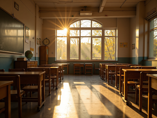 宽敞明亮的教室环境,配备现代化教学设备,桌椅整齐排列,墙面贴有儿童教育海报,阳光透过窗户洒进室内,营造温馨学习氛围