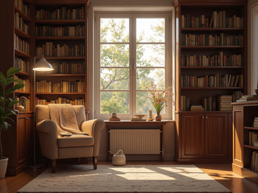 小型图书角环境,书架上摆放各类儿童读物,配有阅读座椅,灯光柔和,营造安静阅读氛围